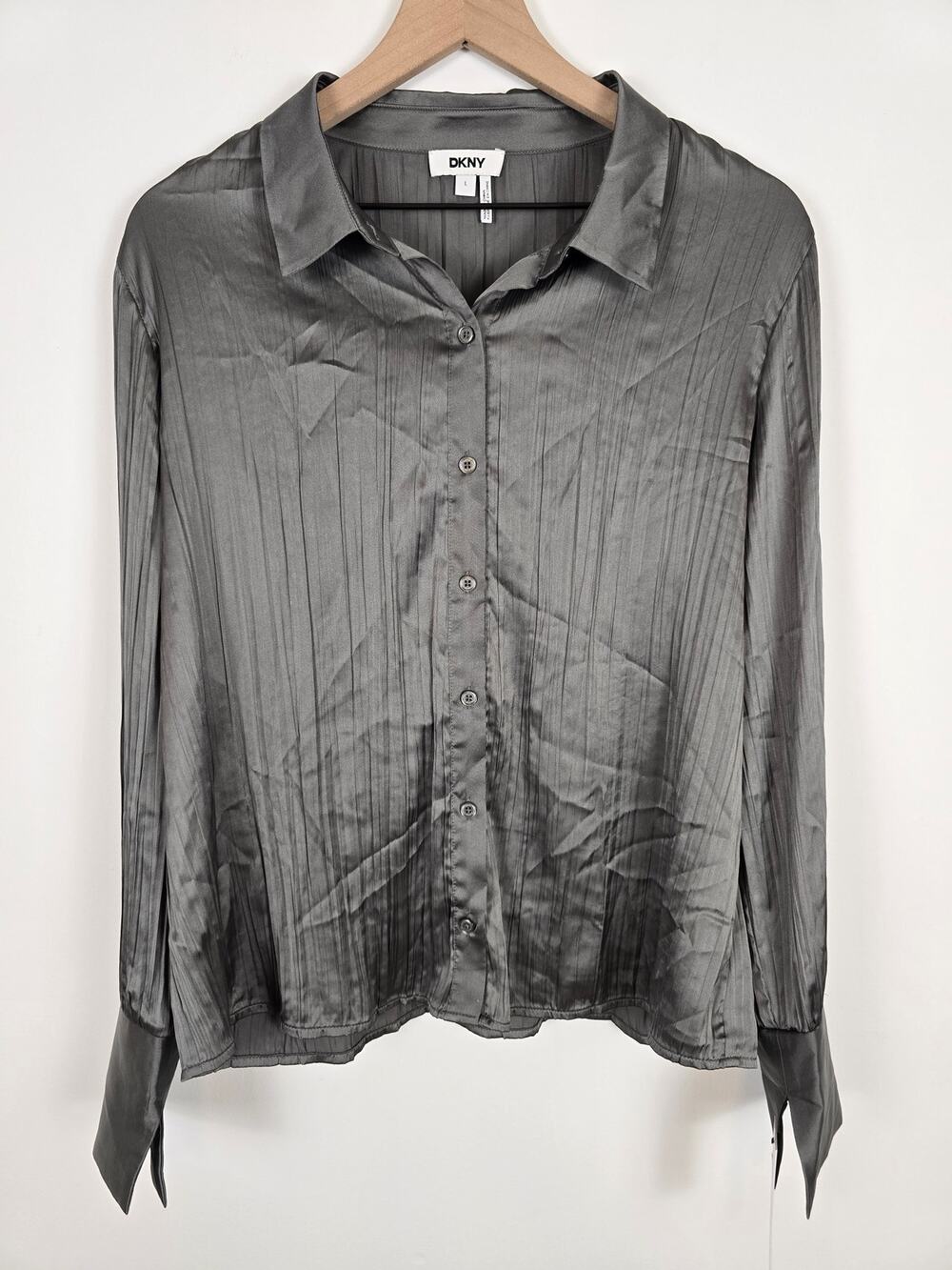 DKNY Gray Satin Button Down Blouse Silver Workwear Chic Size L